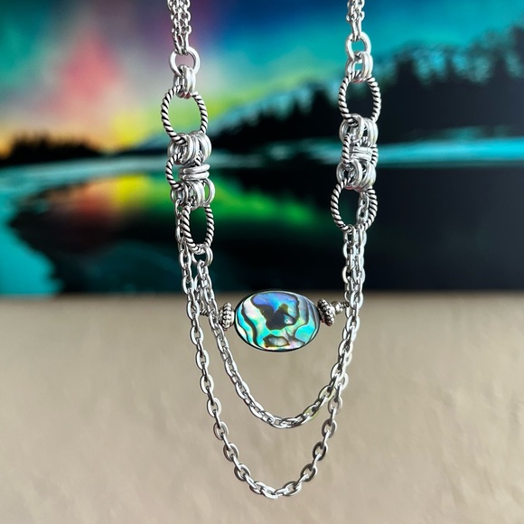 Handmade maille choker necklace iridescent blue green abalone shell charm boho - Picture 7 of 12